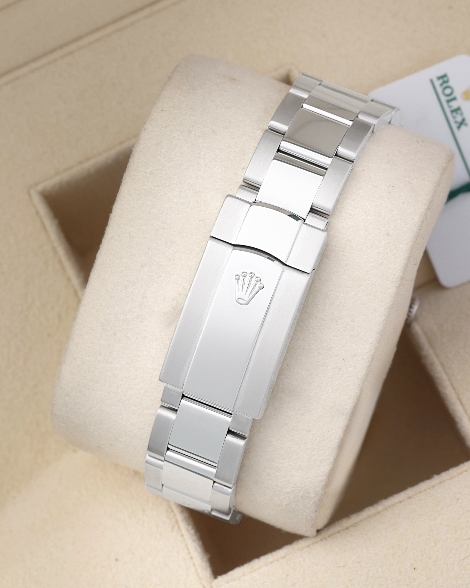 Rear view of the brushed three-link stainless steel Rolex Oyster watch bracelet highlighting the polished folding Oysterclasp folding closure
