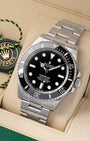 e-commerce portrait of the 41mm Rolex Submariner case showcasing its refined, slimmer tapered lugs and wide satin-brushed Oystersteel bracelet links