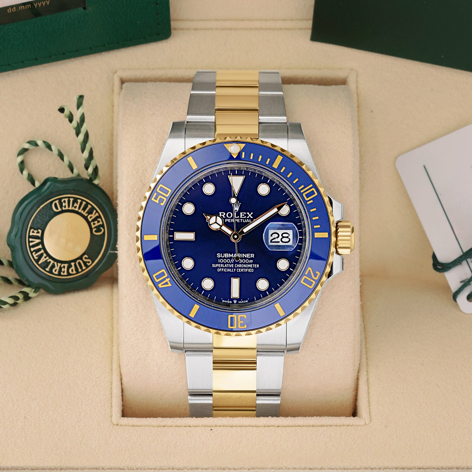 Brand new 2026 Rolex Submariner Date Bluesy 126613LB two-tone blue dial watch at Noah's Fine Watches & Jewelry in Dallas, TX