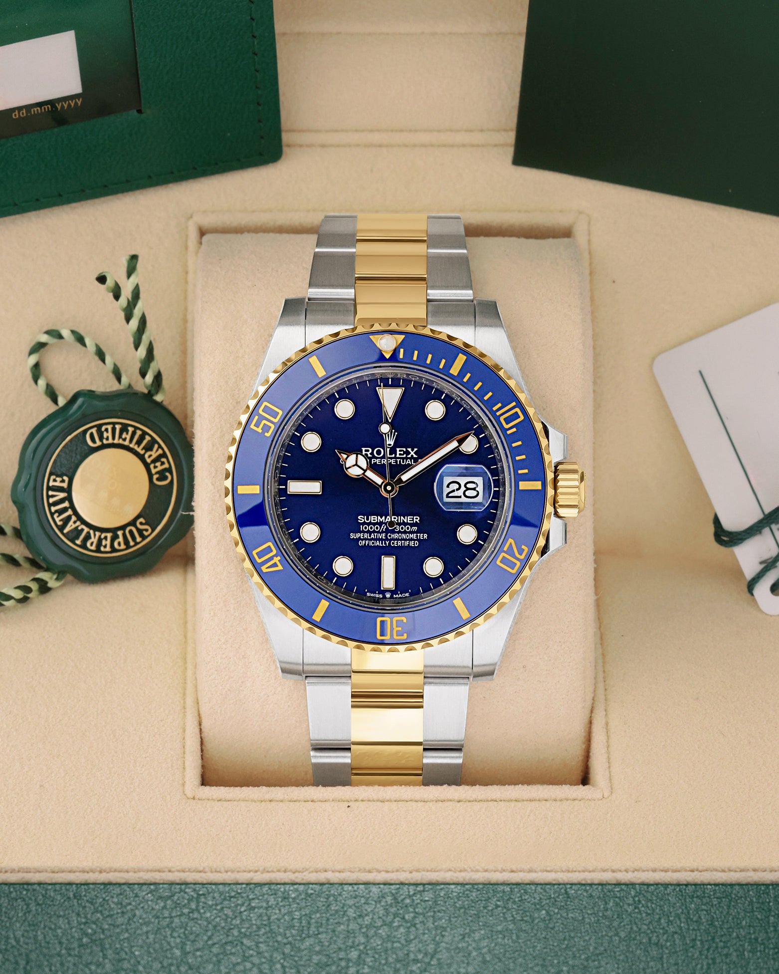 Brand new 2026 Rolex Submariner Date Bluesy 126613LB two-tone blue dial watch at Noah's Fine Watches & Jewelry in Dallas, TX