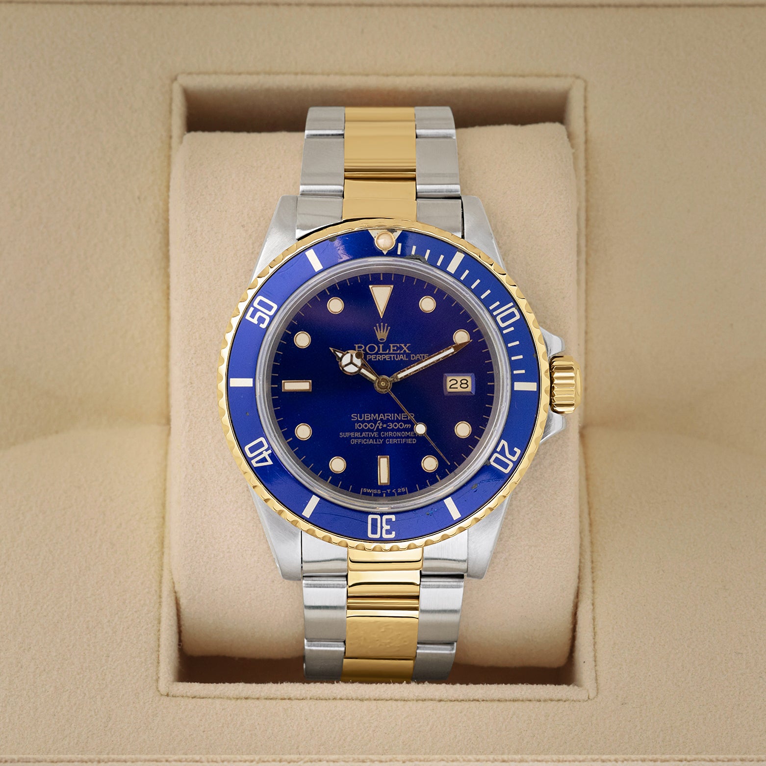 Vintage 1986 Rolex Submariner Date Bluesy 16803 two-tone blue dial watch at Noah's Fine Watches & Jewelry in Dallas, TX.