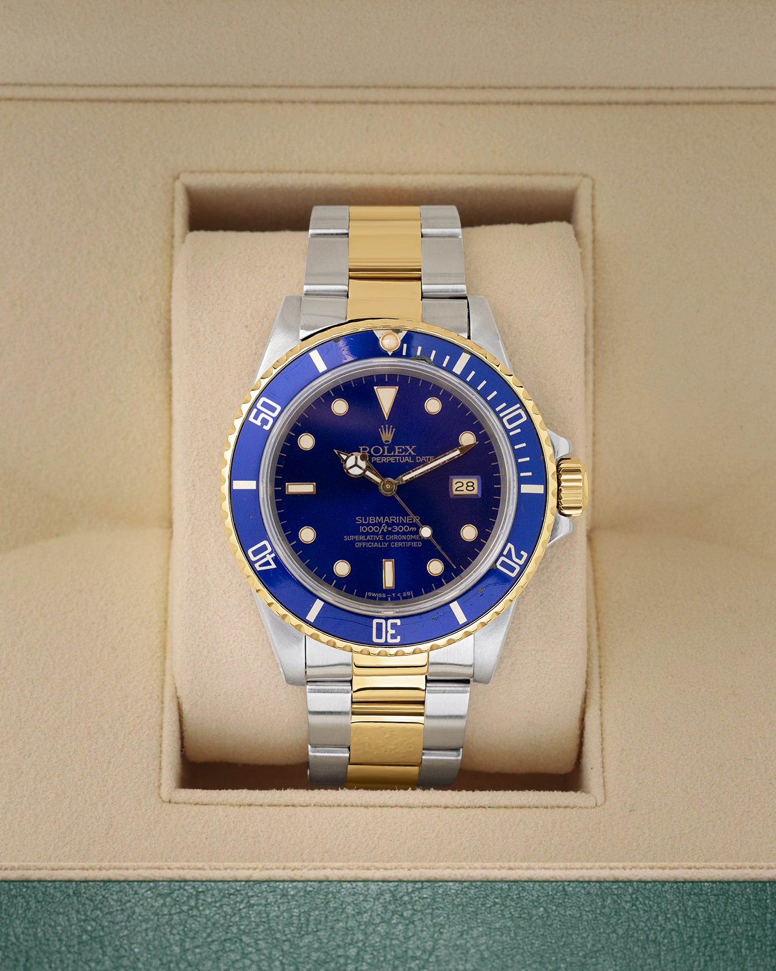 Vintage 1986 Rolex Submariner Date Bluesy 16803 two-tone blue dial watch at Noah's Fine Watches & Jewelry in Dallas, TX.