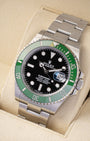Angled view of unworn 2026 Rolex Submariner Date 41mm ref 126610LV featuring a green ceramic bezel and black dial