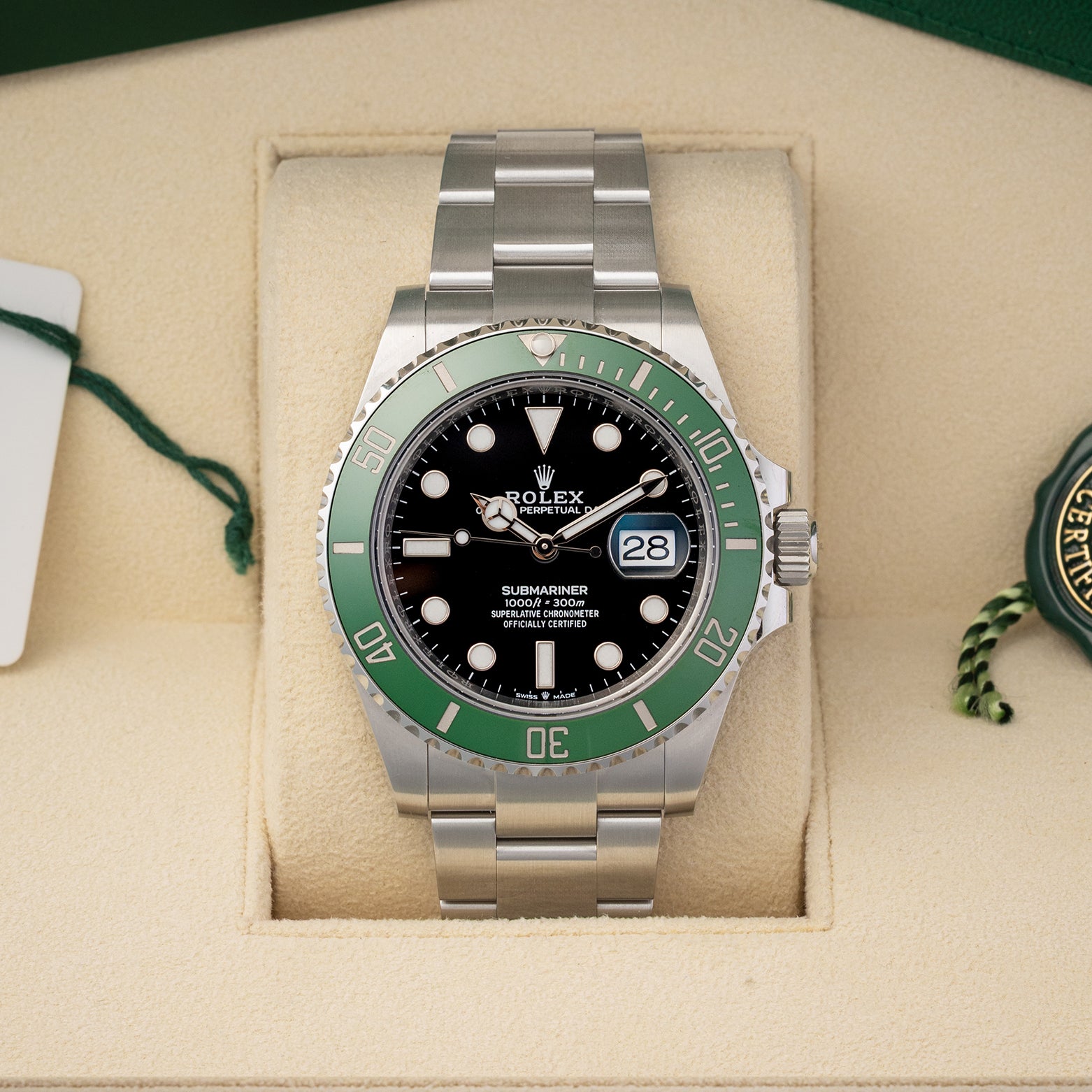 Brand new unworn 2026 Rolex Submariner Date 126610LV Starbucks green Cerachrom bezel with box and papers at Noah's Fine Watches & Jewelry in Dallas, Texas
