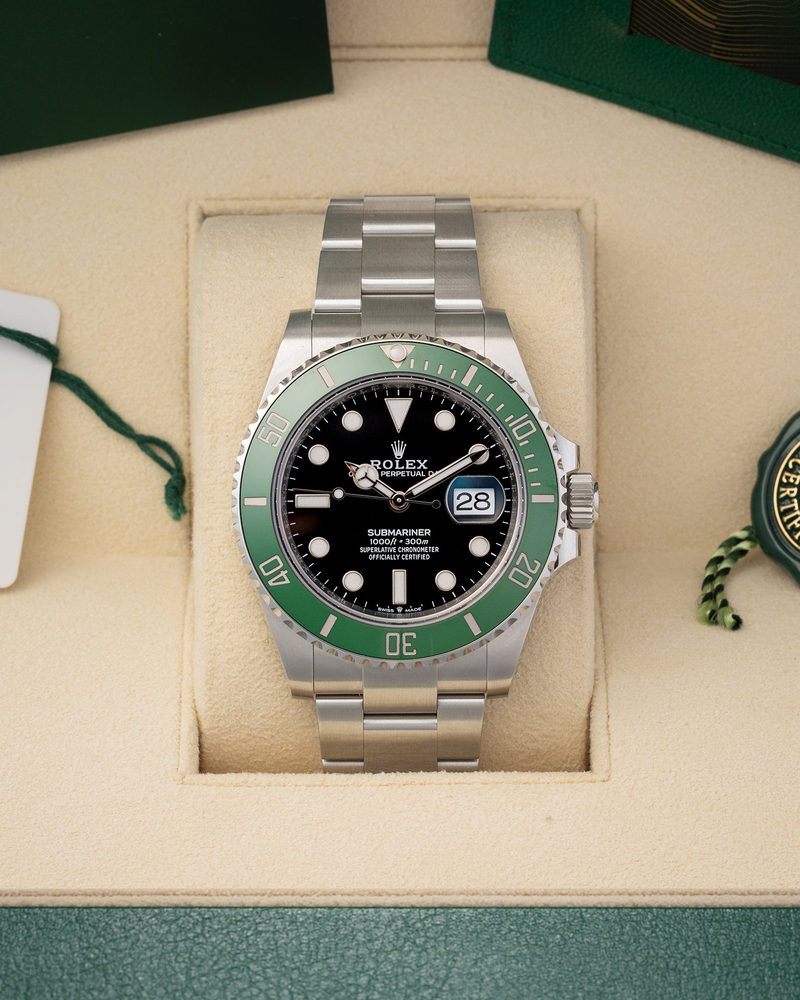 Brand new unworn 2026 Rolex Submariner Date 126610LV Starbucks green Cerachrom bezel with box and papers at Noah's Fine Watches & Jewelry in Dallas, Texas