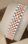 Rear view of the 18k rose gold and steel Rolex Jubilee watch bracelet highlighting the elegant hidden folding Crownclasp mechanism