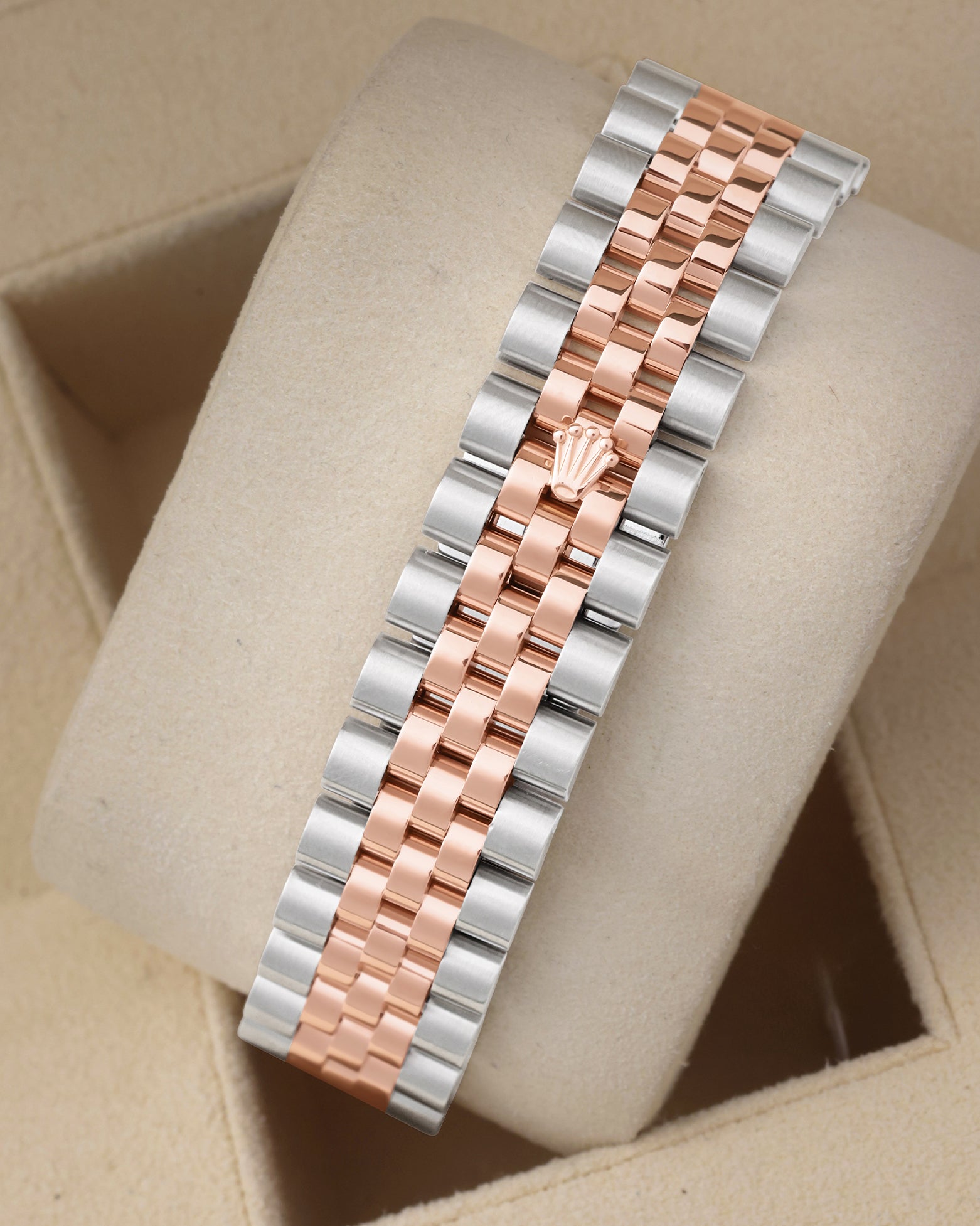 Rear view of the 18k rose gold and steel Rolex Jubilee watch bracelet highlighting the elegant hidden folding Crownclasp mechanism