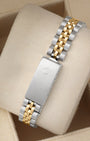 Rear view of the stainless steel and 18k yellow gold Rolex Jubilee bracelet highlighting the folding clasp with the embossed Rolex crown