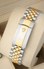 Rear perspective of the five-piece link two-tone Jubilee bracelet and folding Oysterclasp featuring the embossed Rolex crown logo