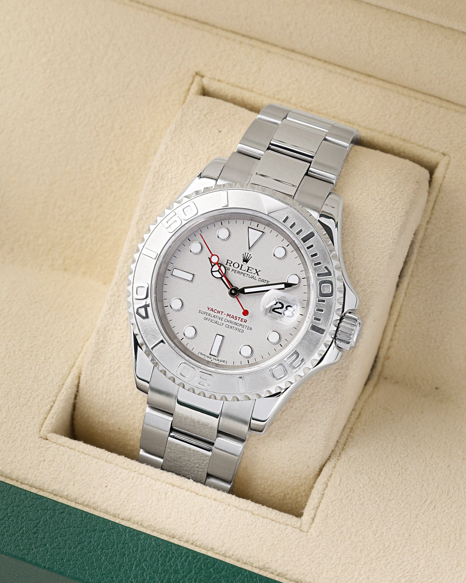 angled profile view of a pre-owned 2006 Rolesium Rolex Yacht-Master reference 16622 showcasing the platinum dial and steel Oyster bracelet