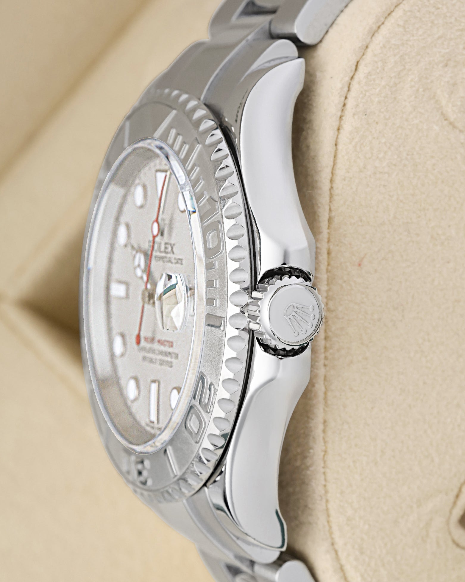 stainless steel case profile view showcasing the crown guards and Triplock winding crown on a 2006 Rolex Yacht-Master 40
