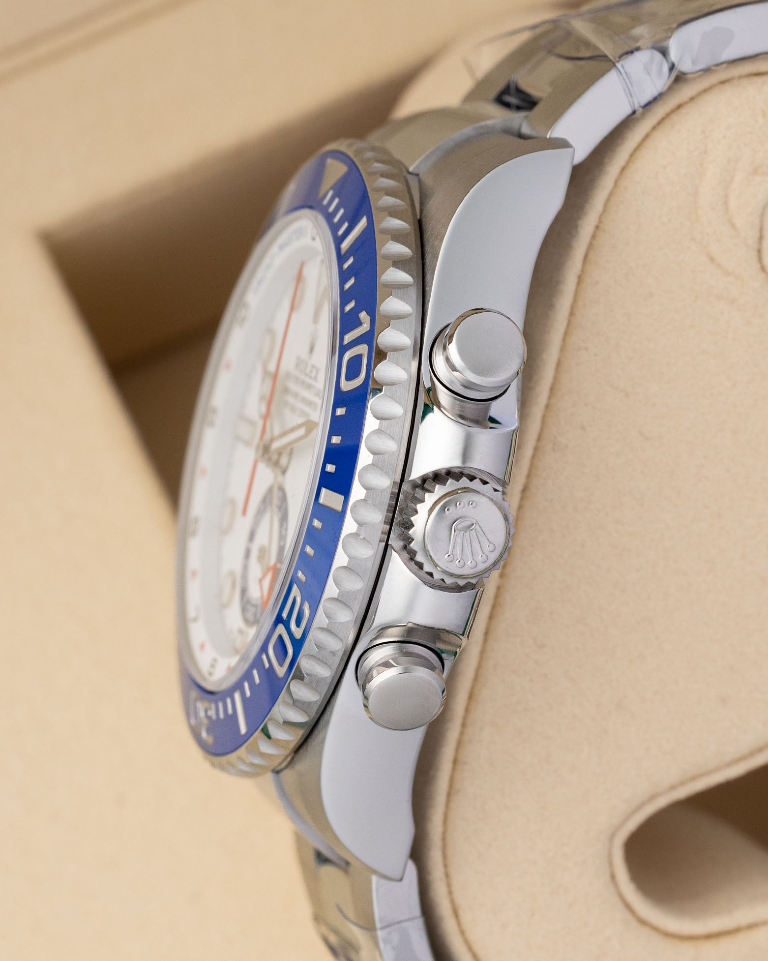Right side profile view of the unworn 2026 Rolex Yacht-Master II 126680 showing the stainless steel case, winding crown, and dual chronograph pushers.