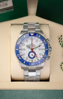 2026 unworn Rolex Yacht-Master II reference 126680 in stainless steel, featuring a white regatta chronograph dial and blue Cerachrom bezel, inside presentation box with protective factory stickers.