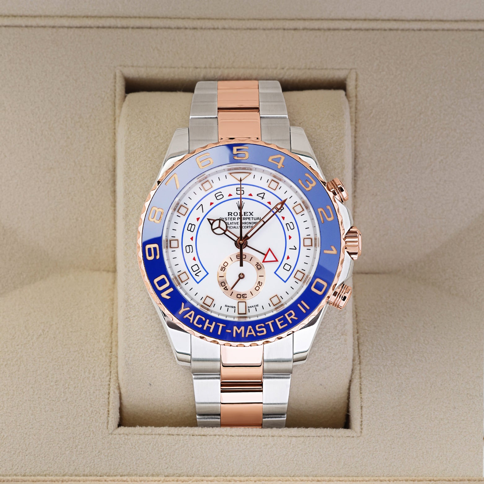 Rolex Yacht-Master II 44mm regatta chronograph watch in two-tone Everose Rolesor, model 116681, on display inside its box at Noah's Fine Watches & Jewelry in Dallas