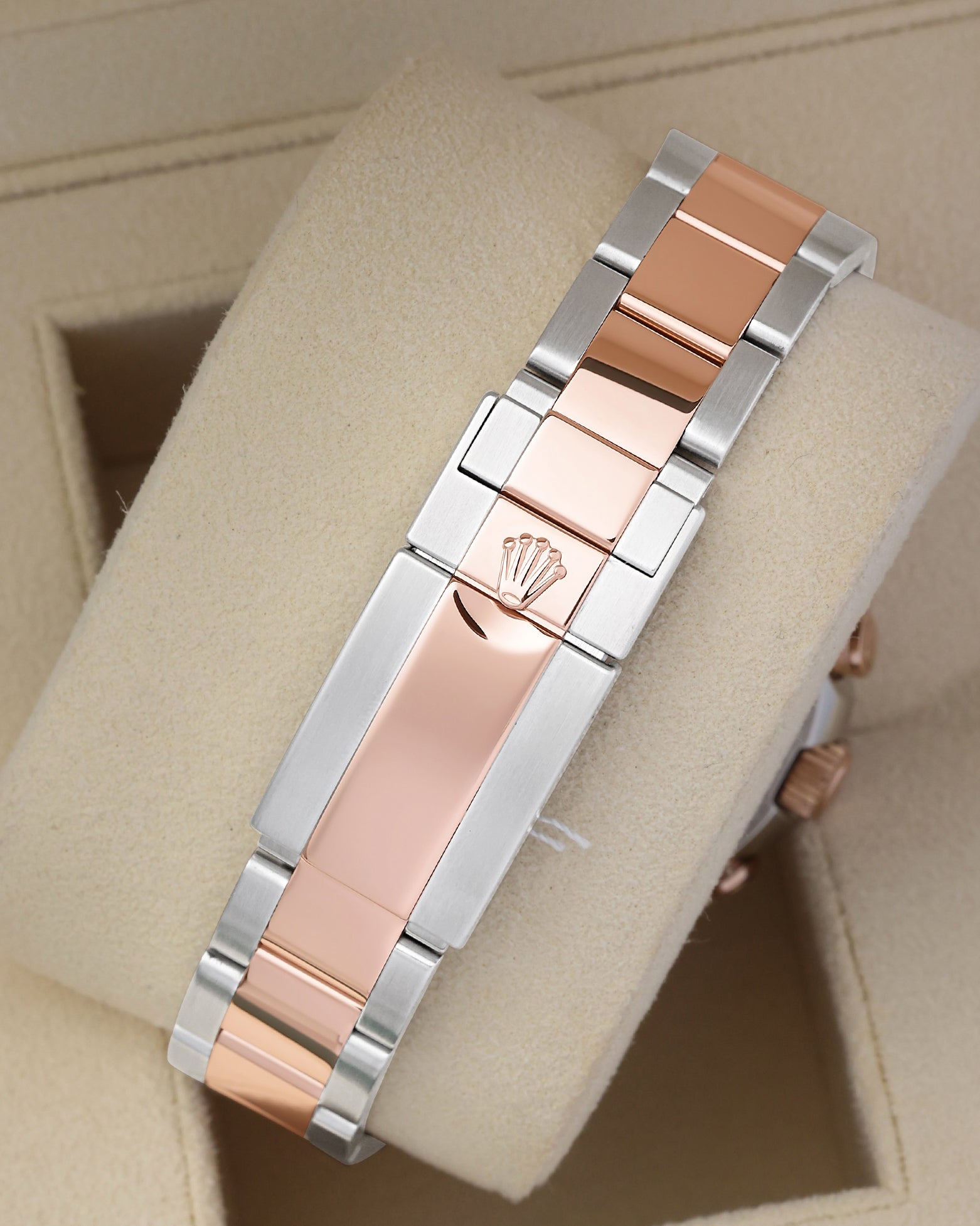 Two-tone Everose gold and steel Rolex Oyster bracelet featuring the folding Oysterlock safety clasp with an engraved crown logo