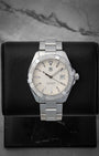 TAG Heuer Aquaracer 300M quartz 41mm dive watch with a silver dial, model WAY1111, on display at Noah's Fine Watches & Jewelry in Dallas