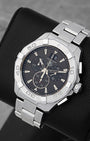 Front angled view of a stainless steel TAG Heuer Aquaracer 300M quartz chronograph men's watch in Dallas