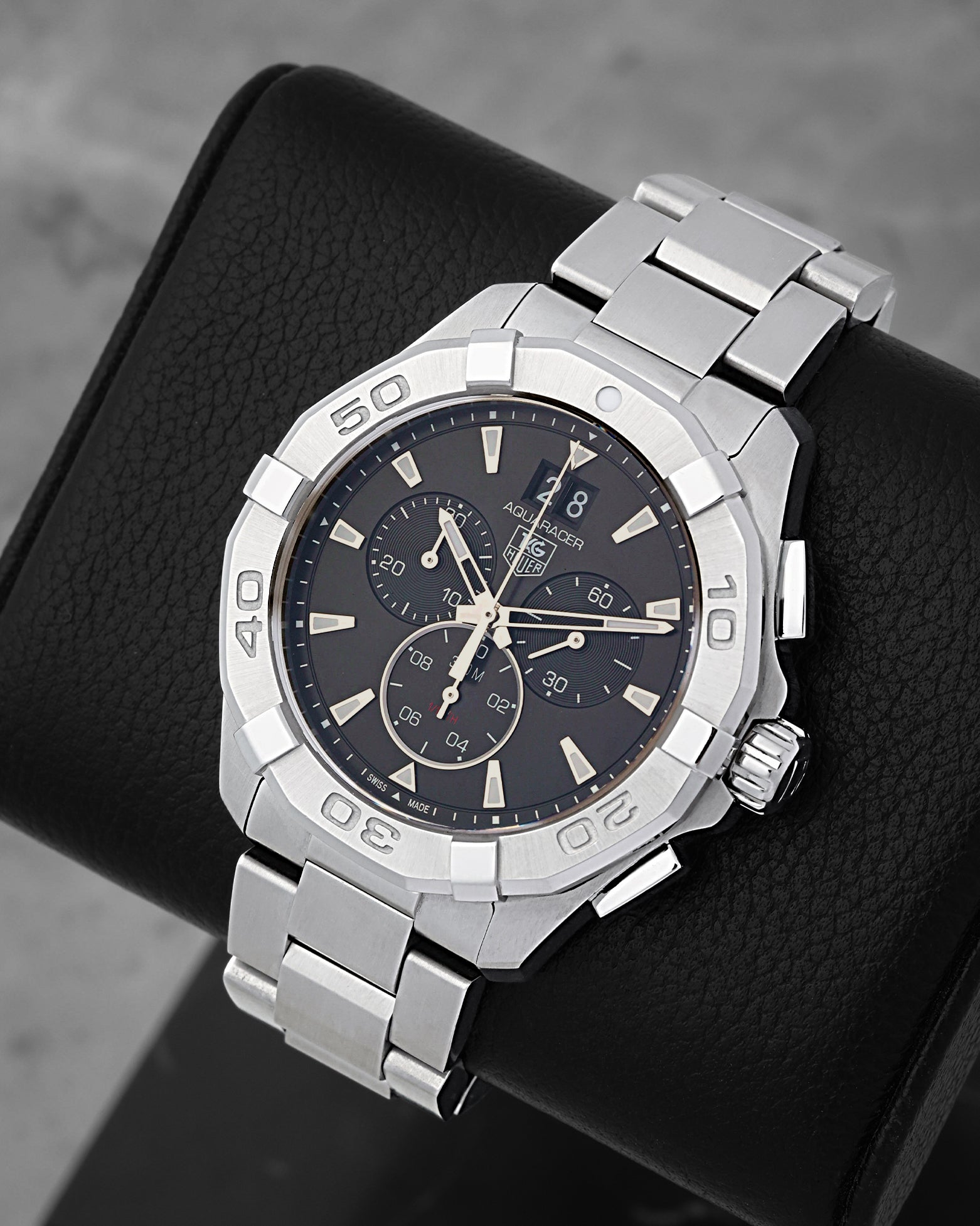 Front angled view of a stainless steel TAG Heuer Aquaracer 300M quartz chronograph men's watch in Dallas