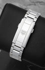 Rear studio view of the brushed three-link stainless steel watch bracelet and sleek deployment folding clasp with the TAG Heuer logo