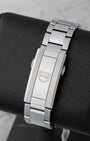 Rear view of the brushed three-link BA0627 stainless steel bracelet featuring the folding deployment clasp with integrated diver extension comfort link