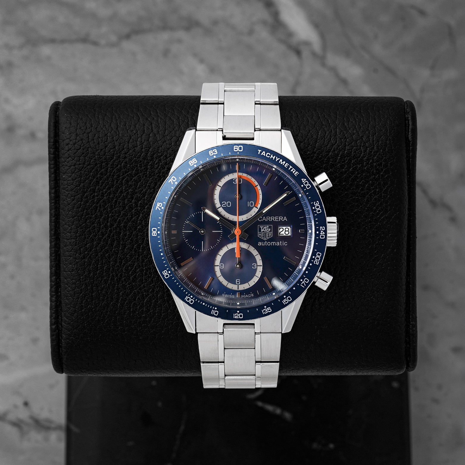 Preowned TAG Heuer Carrera Calibre 16 CV2015 41mm blue dial chronograph steel watch at Noah's Fine Watches Dallas