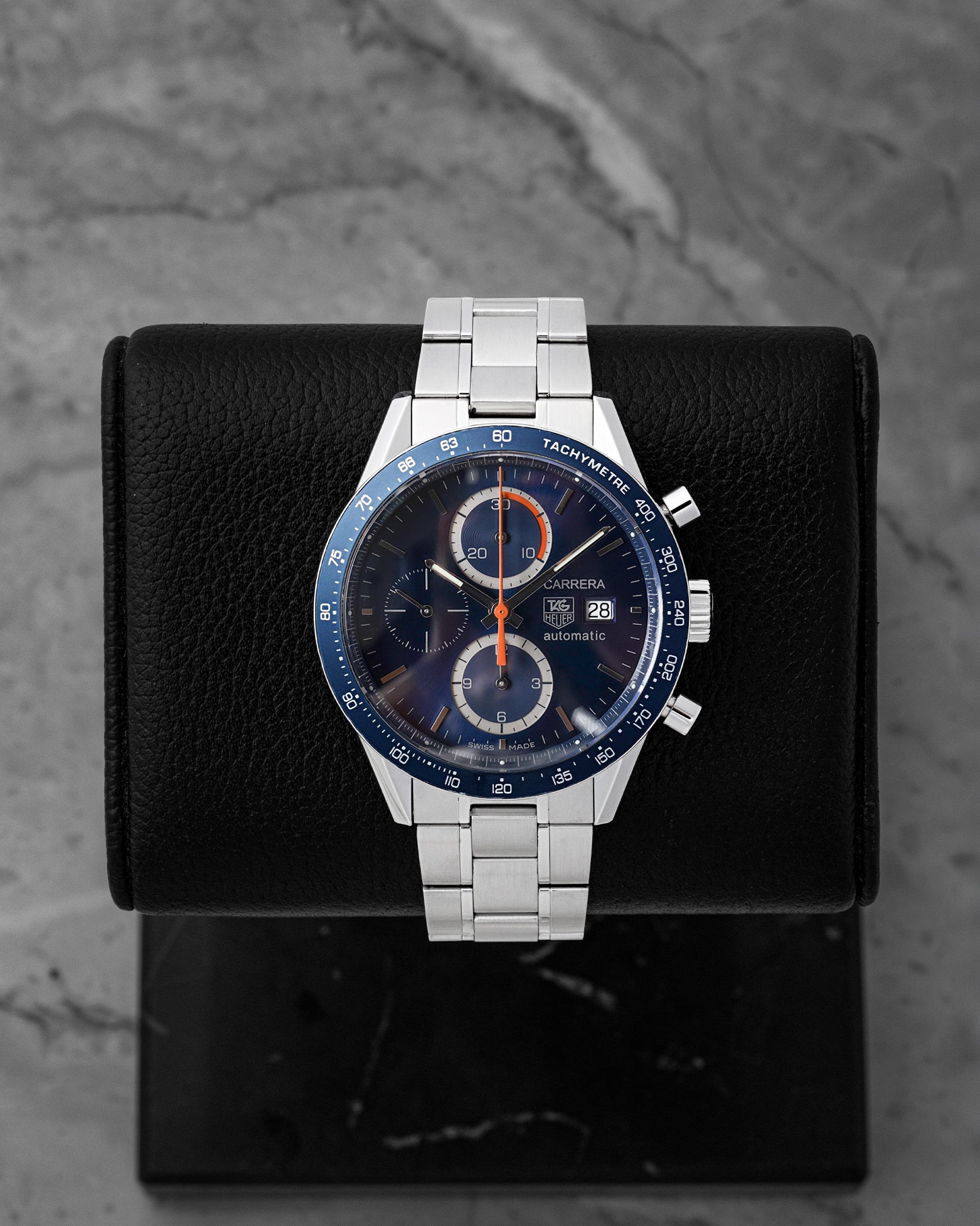 Preowned TAG Heuer Carrera Calibre 16 CV2015 41mm blue dial chronograph steel watch at Noah's Fine Watches Dallas