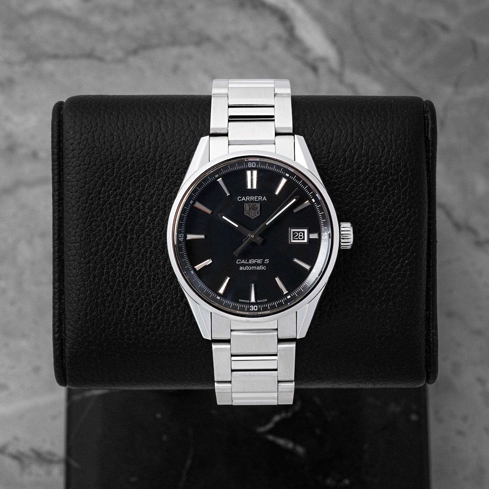 Pre-owned TAG Heuer Carrera Calibre 5 WAR211A.BA0782 39mm black dial steel watch at Noah's Fine Watches Dallas