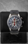 direct studio front portrait of the 45mm TAG Heuer Carrera Calibre Heuer 01 skeleton watch on its black leather display holder
