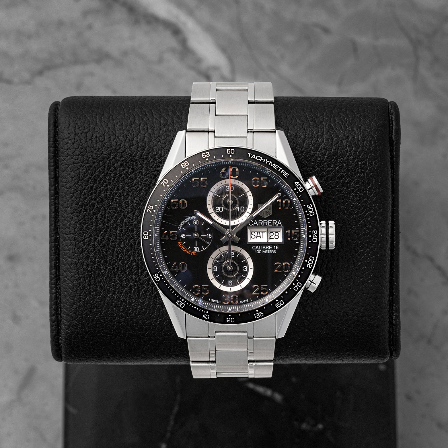 Pre owned 2013 TAG Heuer Carrera Calibre 16 Day-Date Chronograph 43mm CV2A10.BA0796 with black dial at Noah's Fine Watches & Jewelry in Dallas, Texas