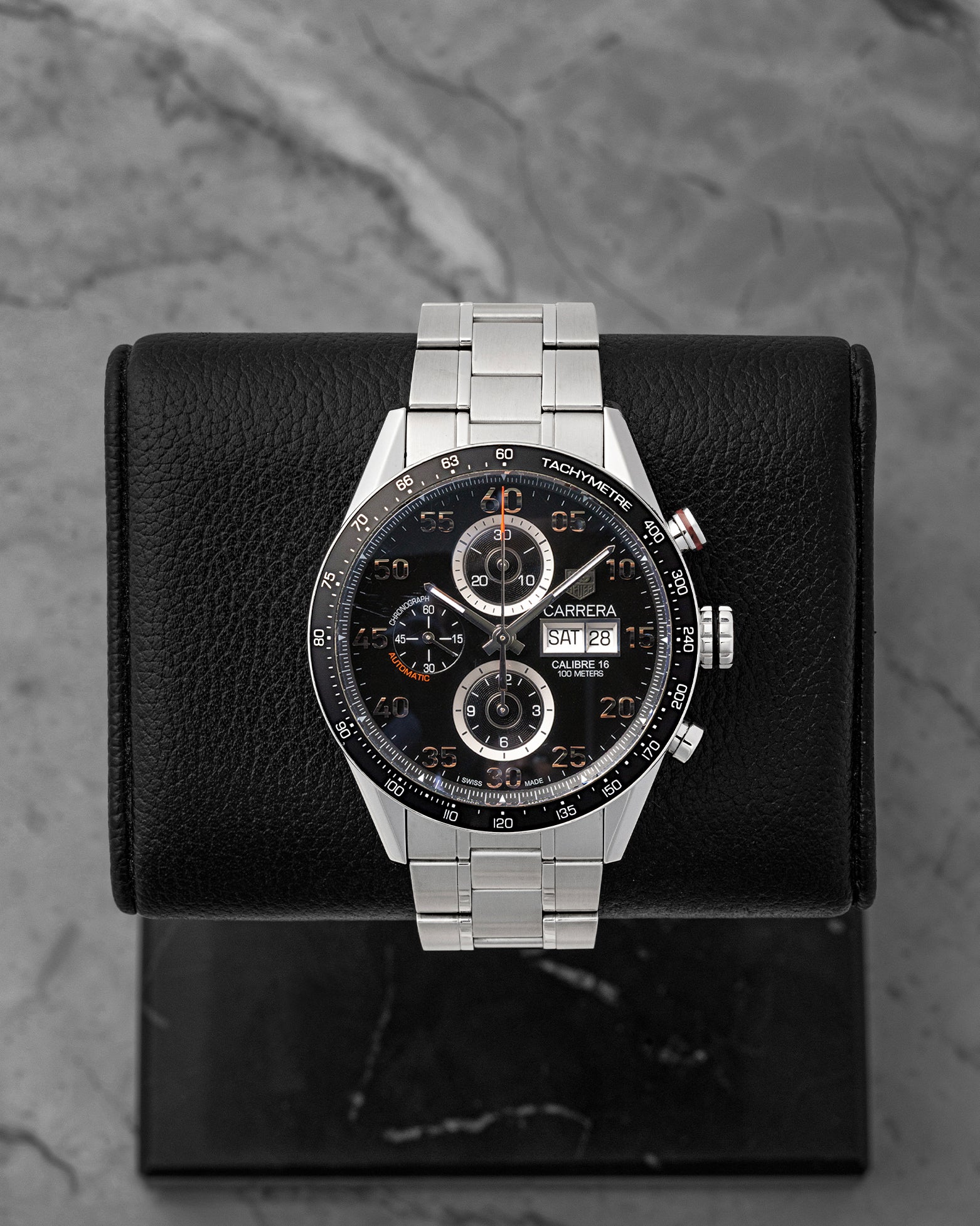 Pre owned 2013 TAG Heuer Carrera Calibre 16 Day-Date Chronograph 43mm CV2A10.BA0796 with black dial at Noah's Fine Watches & Jewelry in Dallas, Texas