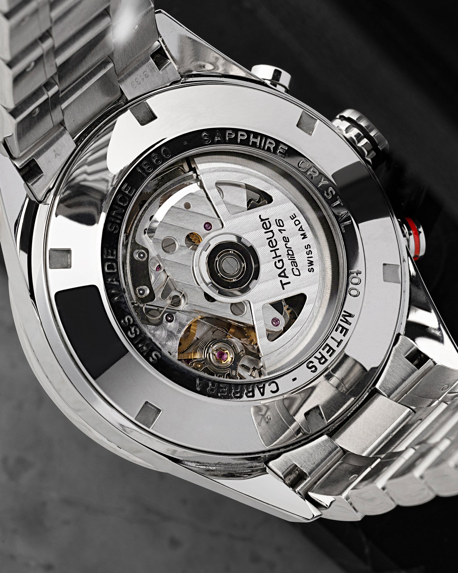 Sapphire display case back showing the automatic Calibre 16 movement and rotor on TAG Heuer Carrera Chronograph CV2A10.BA0796