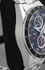 Polished stainless steel 43mm case side profile view of pre-owned TAG Heuer Carrera Calibre 16 Chronograph CV2A10.BA0796