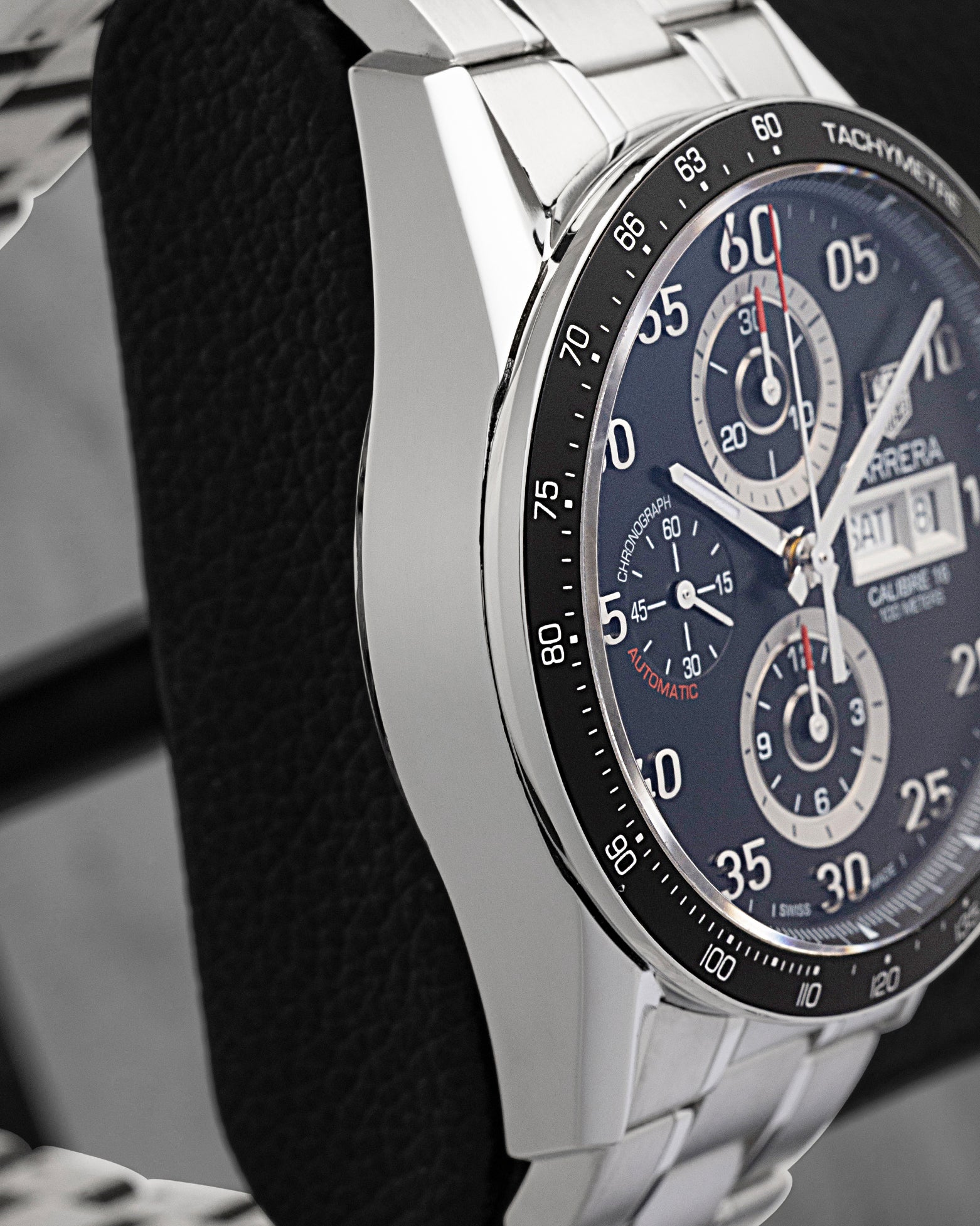 Polished stainless steel 43mm case side profile view of pre-owned TAG Heuer Carrera Calibre 16 Chronograph CV2A10.BA0796