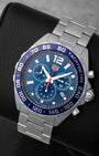Front angled view of a stainless steel 43mm TAG Heuer Formula 1 quartz chronograph men's watch in Dallas