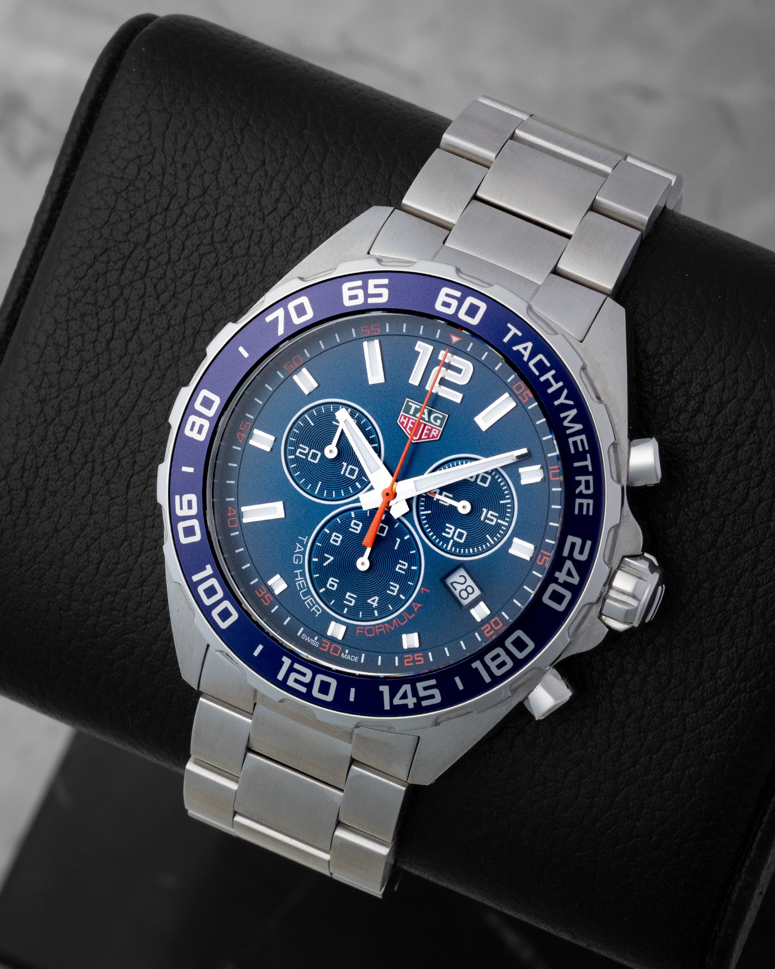 Front angled view of a stainless steel 43mm TAG Heuer Formula 1 quartz chronograph men's watch in Dallas