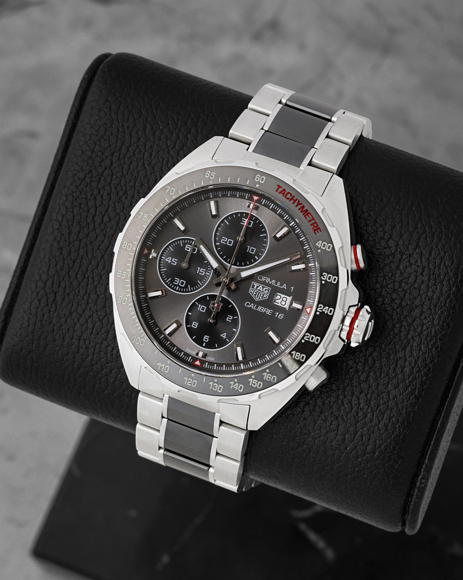 front view of TAG Heuer Formula 1 CAZ2012.BA0970 showing anthracite grey sunray dial and steel ceramic bracelet