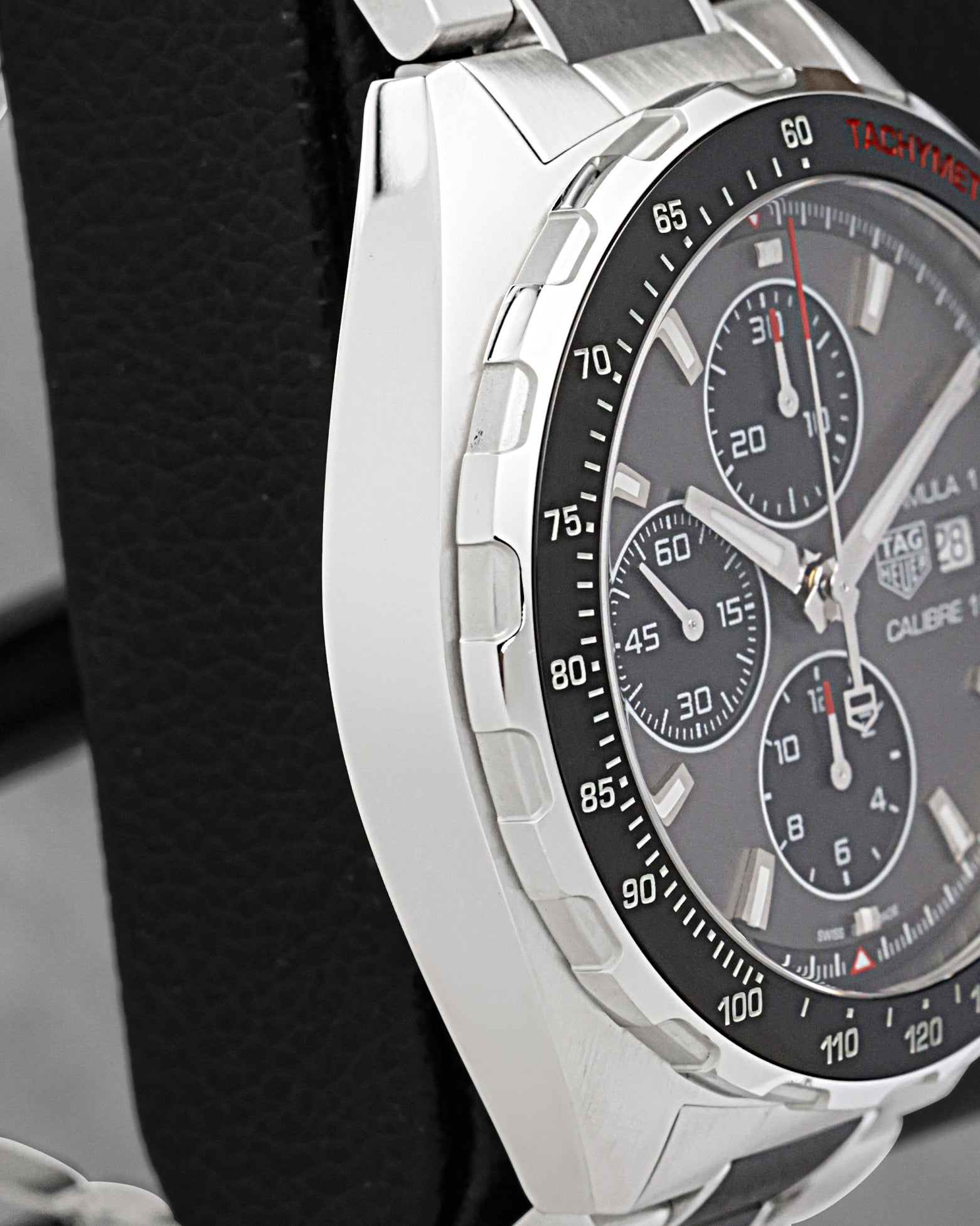 Side profile view of the 44mm fine-brushed stainless steel case for TAG Heuer Formula 1 Calibre 16 CAZ2012.BA0970