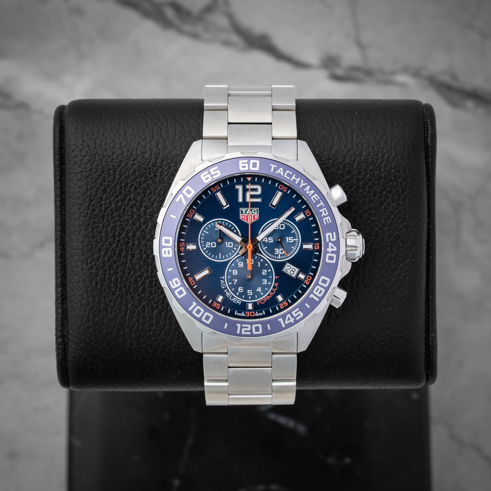 2024 TAG Heuer Formula 1 Chronograph 43mm watch with a blue dial and blue bezel, model CAZ1014.BA0842, on display at Noah's Fine Watches & Jewelry in Dallas