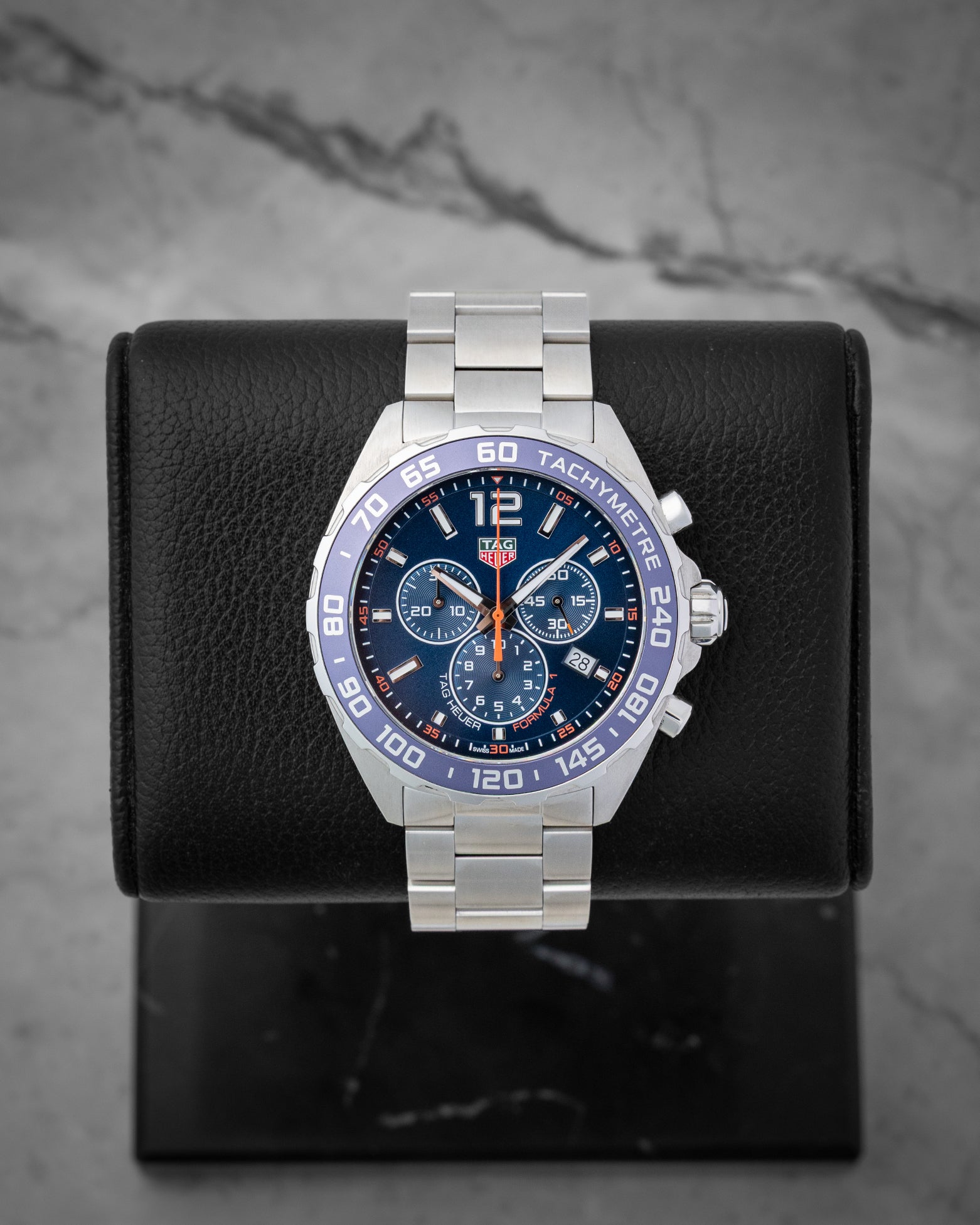 2024 TAG Heuer Formula 1 Chronograph 43mm watch with a blue dial and blue bezel, model CAZ1014.BA0842, on display at Noah's Fine Watches & Jewelry in Dallas