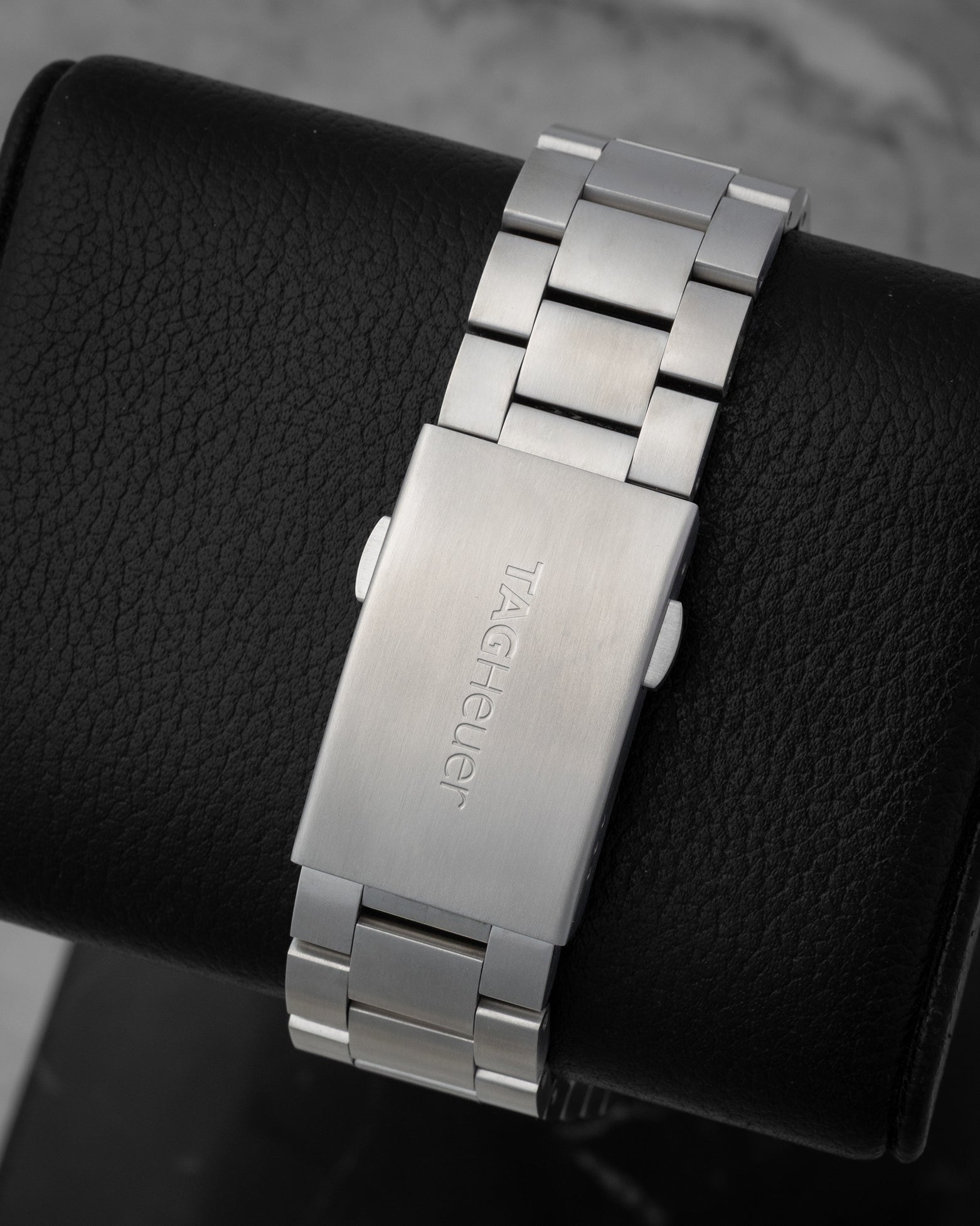TAG Heuer stainless steel three-row racing watch bracelet and folding clasp with double safety feature