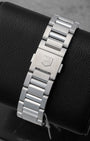 Rear studio view of the solid stainless steel link bracelet and deployment folding clasp with the engraved TAG Heuer shield logo
