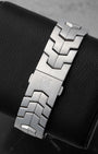 Rear studio view of the signature ergonomic stainless steel S-link bracelet and integrated folding deployment clasp