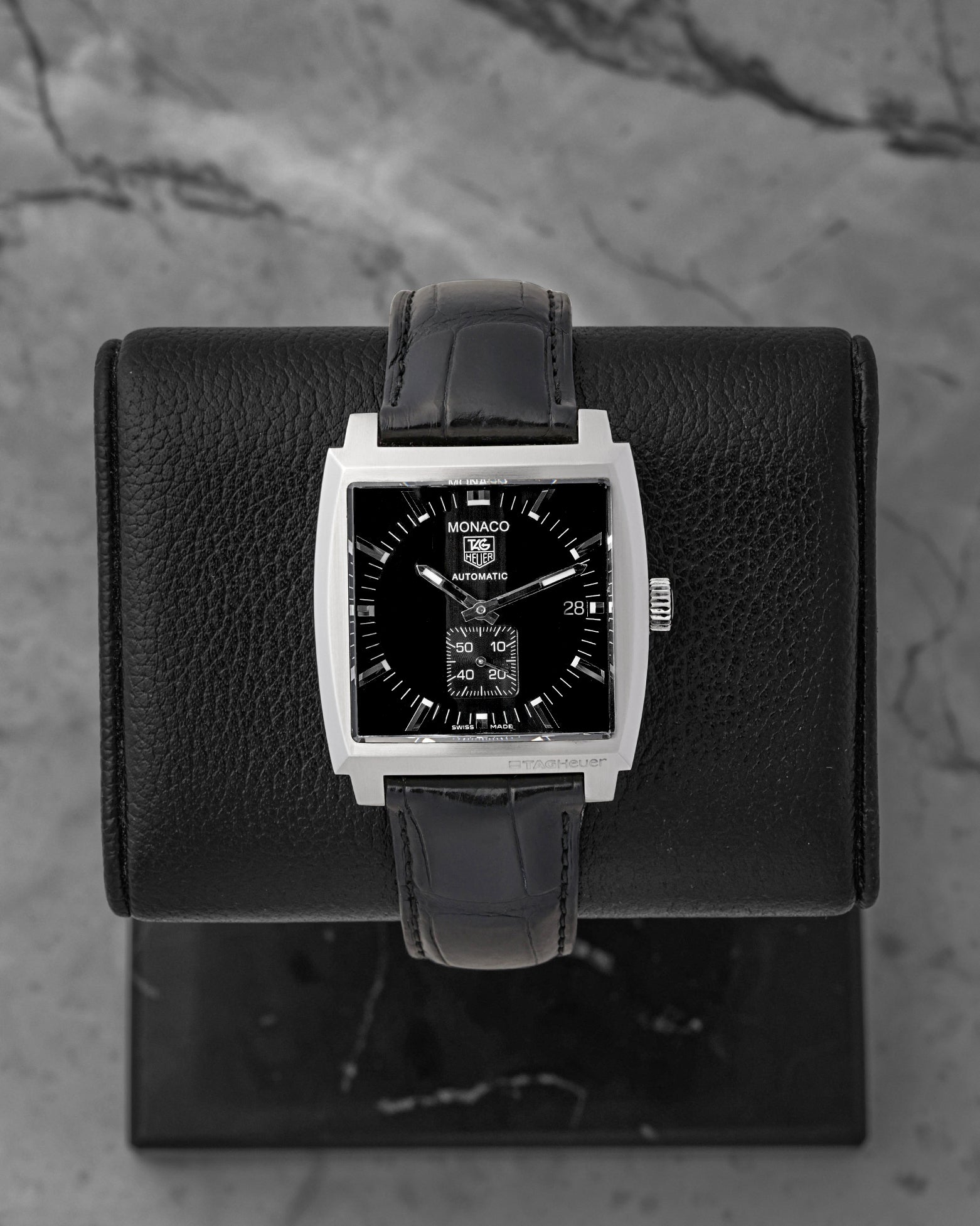 Pre owned TAG Heuer Monaco Calibre 6 WW2110 square black dial watch at Noah's Fine Watches & Jewelry Dallas