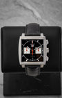 Pre-owned 2025 TAG Heuer Monaco Chronograph CBL2113.FC6177 featuring a 39mm square steel case and black dial at Noah's Fine Watches & Jewelry in Dallas, Texas