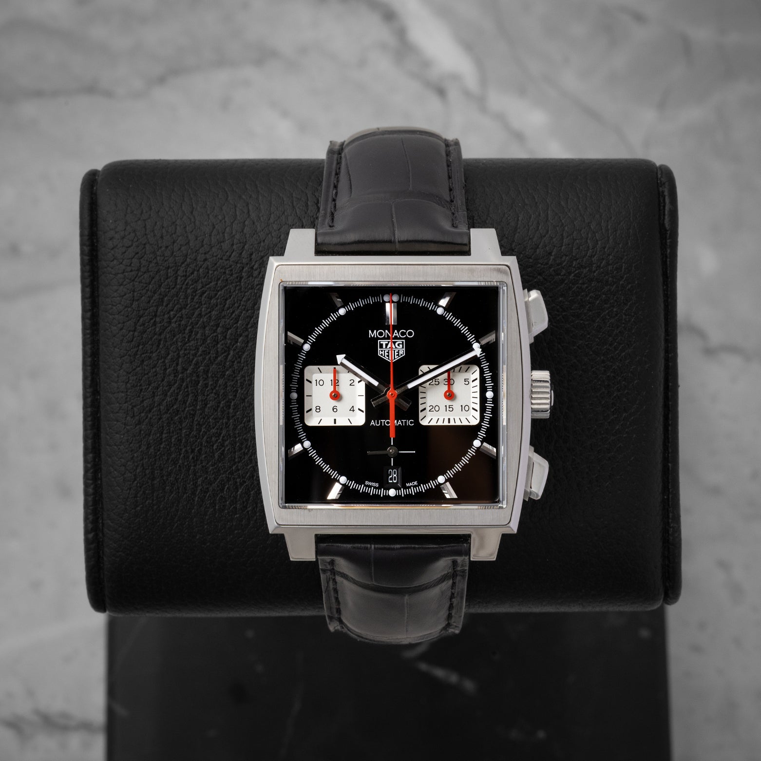 Pre-owned 2025 TAG Heuer Monaco Chronograph CBL2113.FC6177 featuring a 39mm square steel case and black dial at Noah's Fine Watches & Jewelry in Dallas, Texas