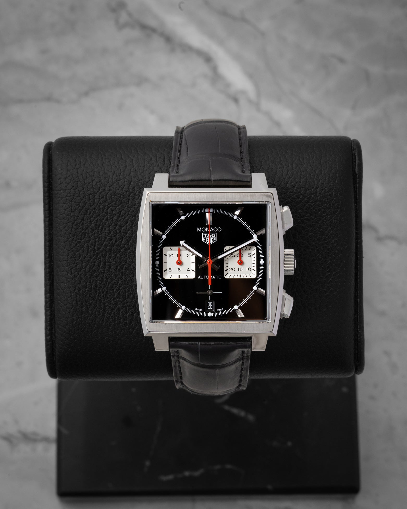 Pre-owned 2025 TAG Heuer Monaco Chronograph CBL2113.FC6177 featuring a 39mm square steel case and black dial at Noah's Fine Watches & Jewelry in Dallas, Texas