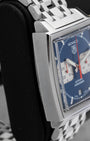 Left side profile view of the polished and brushed square stainless steel case on a 2005 TAG Heuer Monaco CW2113.BA0780