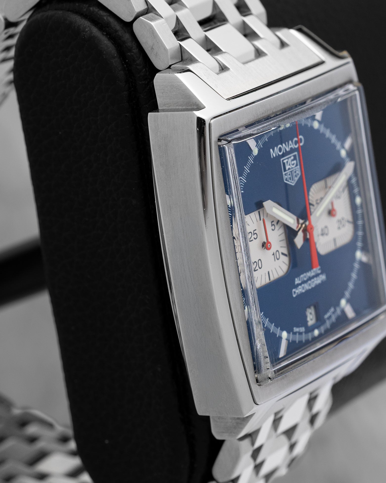 Left side profile view of the polished and brushed square stainless steel case on a 2005 TAG Heuer Monaco CW2113.BA0780