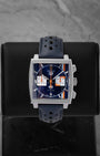 Pre-owned TAG Heuer Monaco Gulf Special Edition reference CBL2115.FC6494 square automatic chronograph with iconic blue dial and Gulf orange and light blue racing stripes.