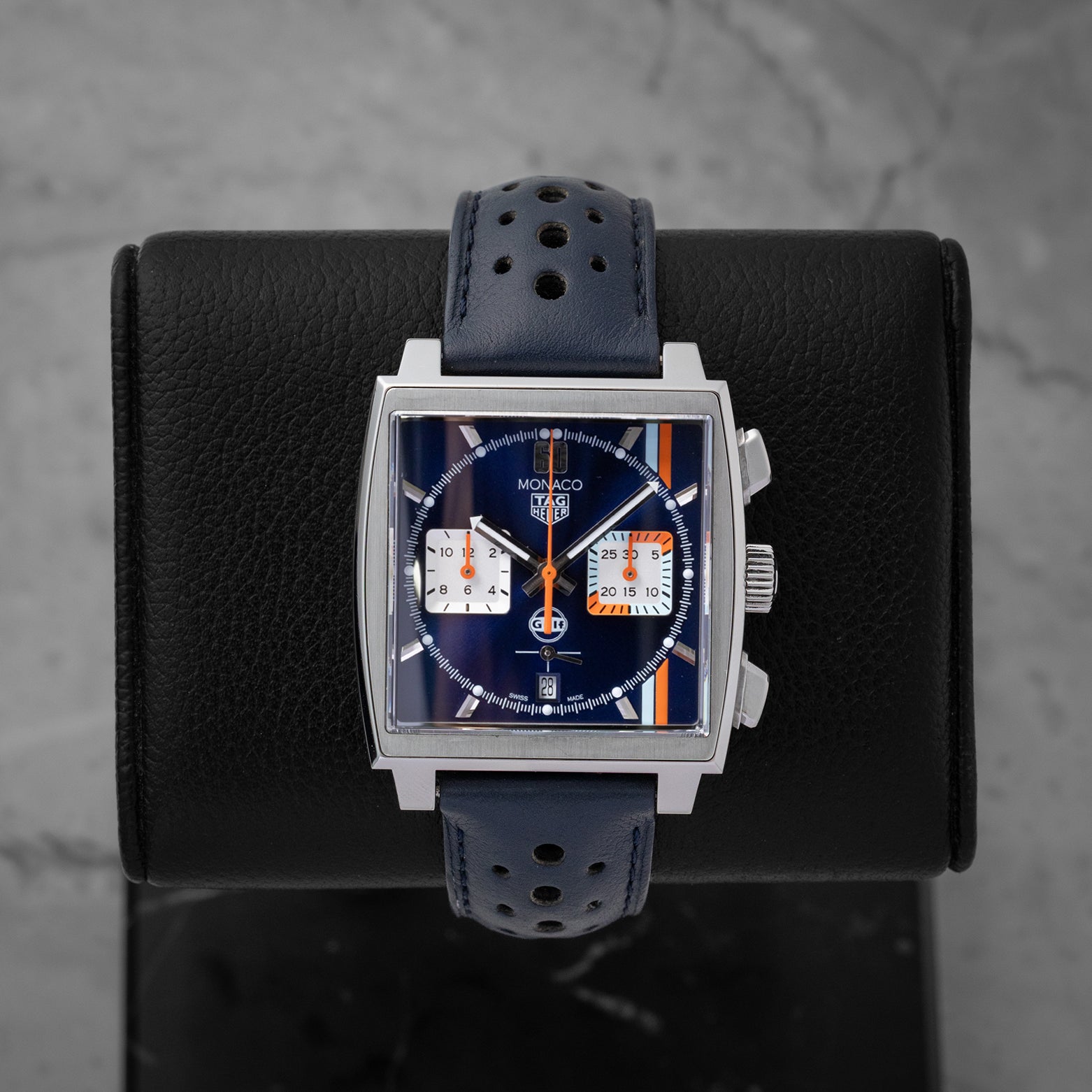 Pre-owned TAG Heuer Monaco Gulf Special Edition reference CBL2115.FC6494 square automatic chronograph with iconic blue dial and Gulf orange and light blue racing stripes.